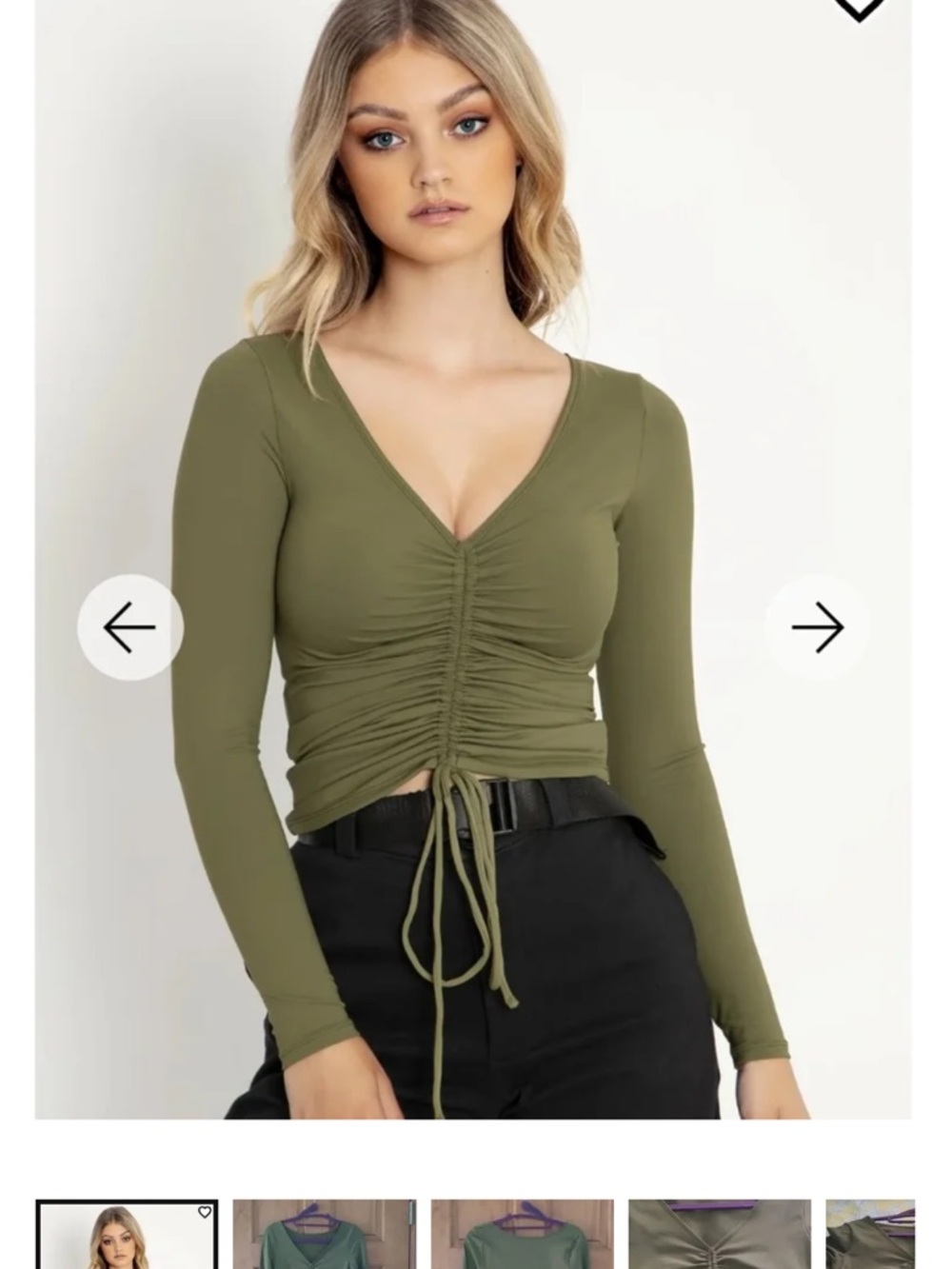 Blackmilk Olive Green Ruched V-Neck Long Sleeve Top